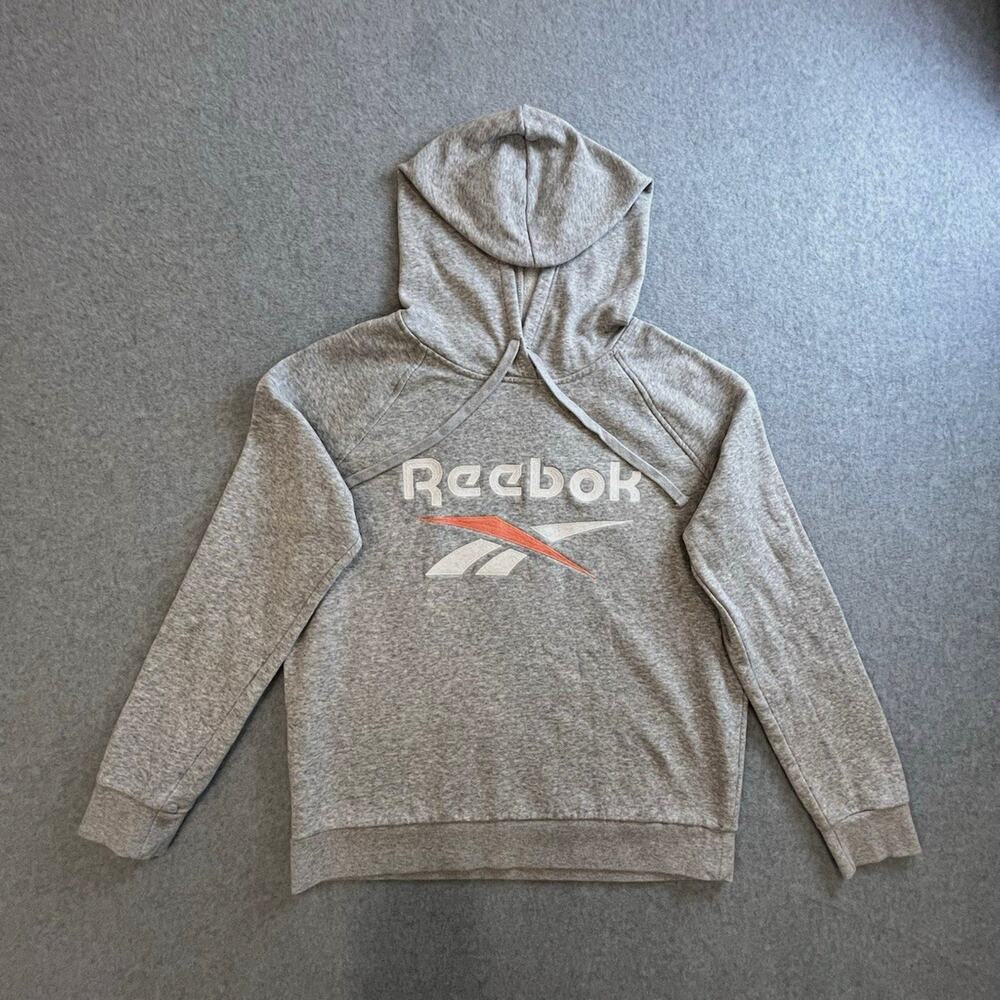 Reebok Gray Fleece Pullover Hoodie Mens M Logo Graphic Print Long Sleeve